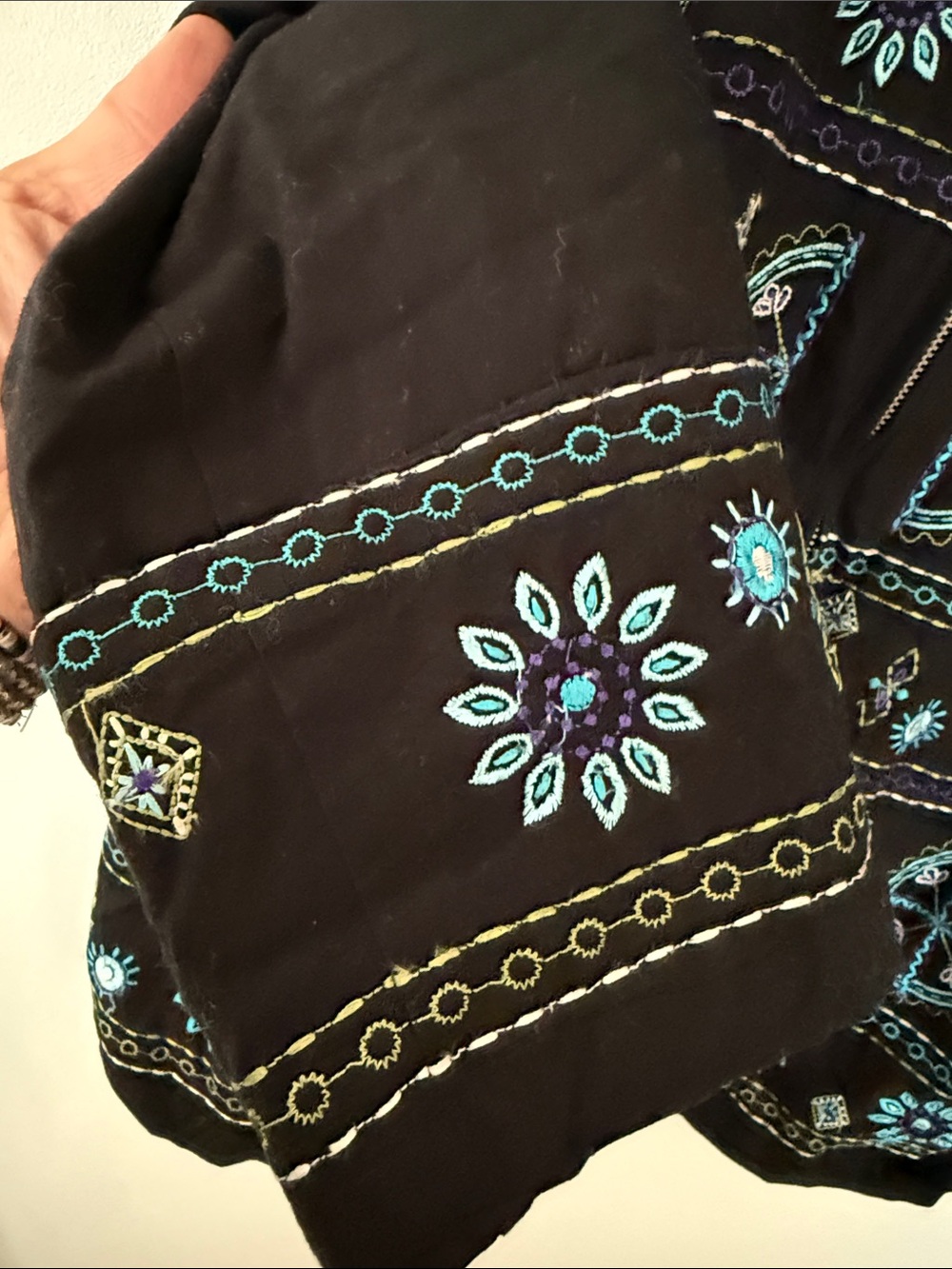 Black Embroidered Zip-Front Jacket with Teal Floral Motif Size Large - Picture 6 of 9